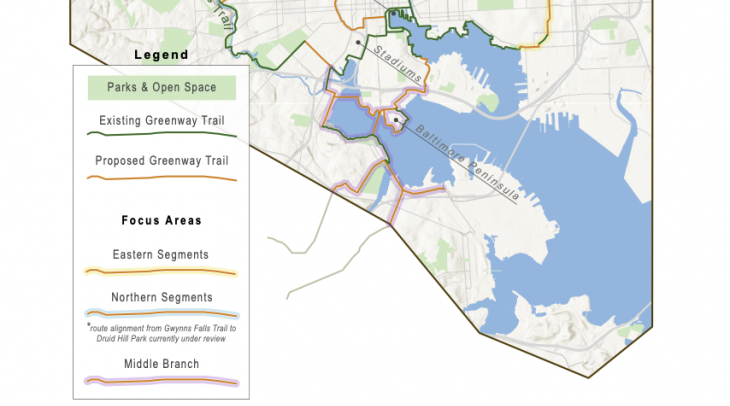 Map of the city of Baltimore showing the route of Greenway Trails along with key destinations such as parks, colleges, stadiums, Inner Harbor, etc.